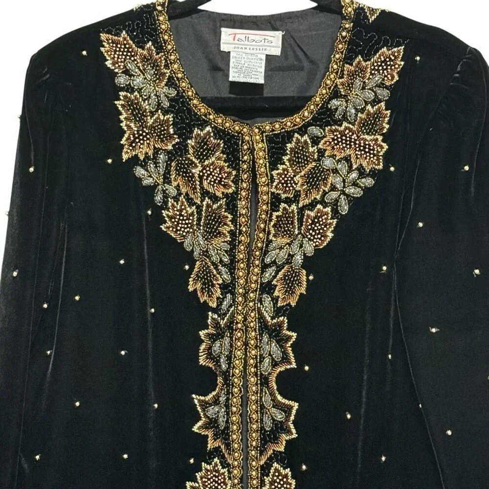 Vintage Beaded Black Velvet Gold Copper Luxurious Formal Womens Jacket Size 18